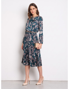 Vestido Comprido em Cetim Plissado com Padrão Barroco Rinascimento