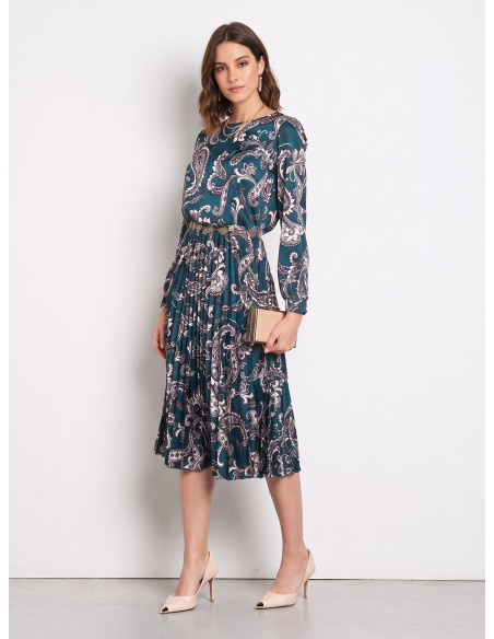 Vestido Comprido em Cetim Plissado com Padrão Barroco Rinascimento