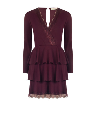 Vestido curto de crepe com folhos e aplicações de renda Rinascimento