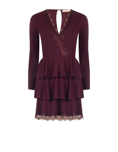Vestido curto de crepe com folhos e aplicações de renda Rinascimento