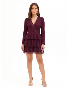 Vestido curto de crepe com folhos e aplicações de renda Rinascimento