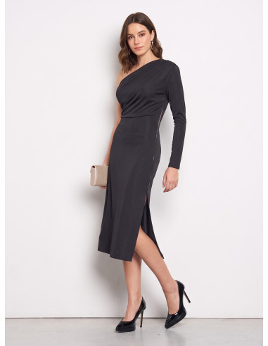 Vestido midi justo em malha com decote dourado Rinascimento