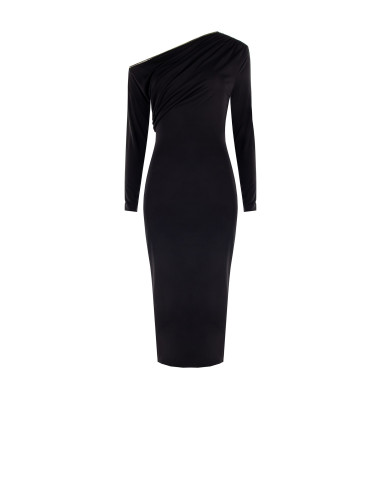 Vestido midi justo em malha com decote dourado Rinascimento