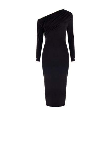 Vestido midi justo em malha com decote dourado Rinascimento