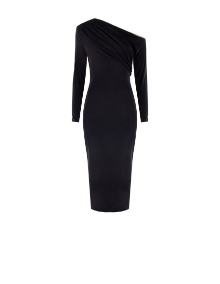 Vestido midi justo em malha com decote dourado Rinascimento