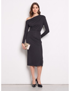 Vestido midi justo em malha com decote dourado Rinascimento