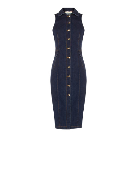 Vestido-camisa justo em ganga elástica, lavagem Zero Rinascimento