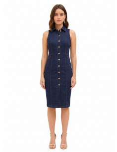 Vestido-camisa justo em ganga elástica, lavagem Zero Rinascimento