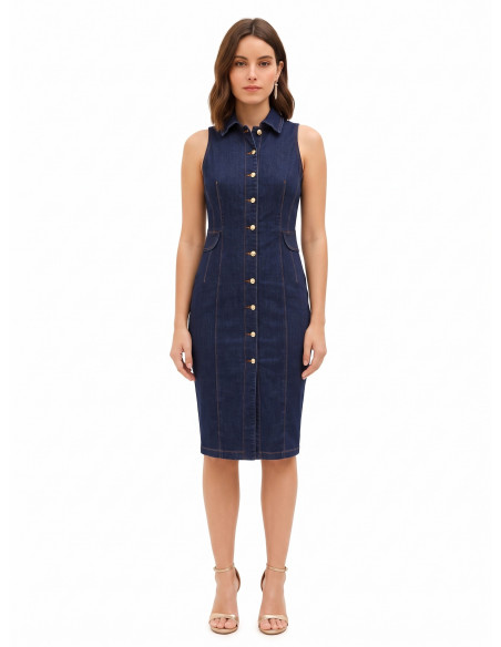 Vestido-camisa justo em ganga elástica, lavagem Zero Rinascimento