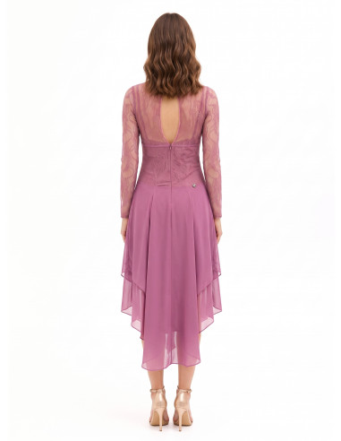 Vestido midi com padrão pontiagudo em georgette, com parte superior em renda com efeito de corpete Rinascimento