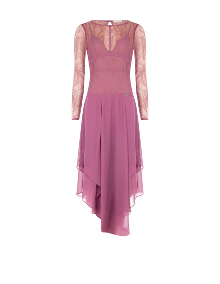 Vestido midi com padrão pontiagudo em georgette, com parte superior em renda com efeito de corpete Rinascimento
