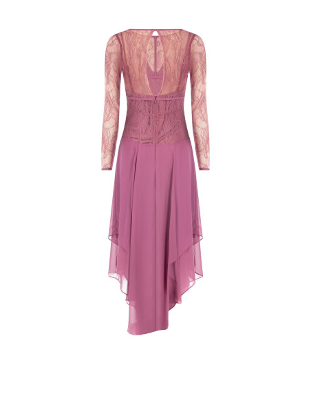 Vestido midi com padrão pontiagudo em georgette, com parte superior em renda com efeito de corpete Rinascimento