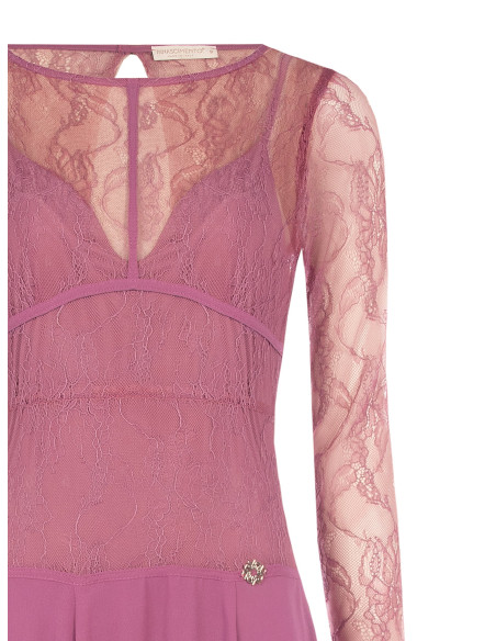 Vestido midi com padrão pontiagudo em georgette, com parte superior em renda com efeito de corpete Rinascimento