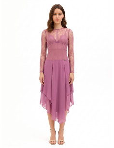 Vestido midi com padrão pontiagudo em georgette, com parte superior em renda com efeito de corpete Rinascimento
