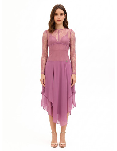 Vestido midi com padrão pontiagudo em georgette, com parte superior em renda com efeito de corpete Rinascimento