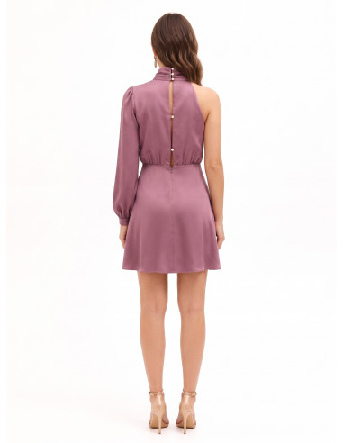 Vestido curto de uma manga em cetim com gola alta drapeada Rinascimento