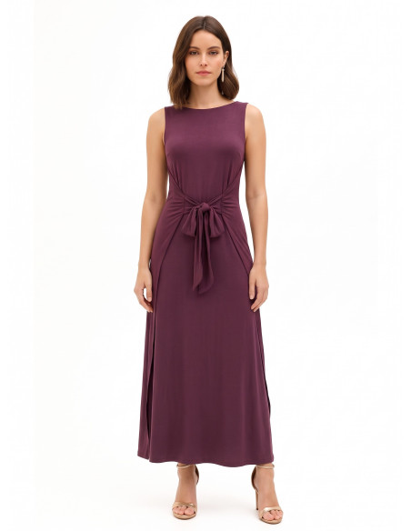 Vestido comprido fluido em mistura de viscose com laço central Rinascimento