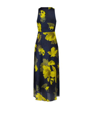 Vestido comprido fluido em cetim ligeiramente enrugado com padrão floral Rinascimento