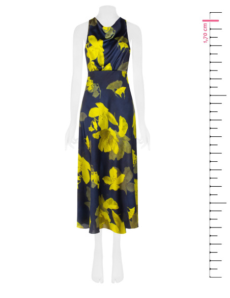 Vestido comprido fluido em cetim ligeiramente enrugado com padrão floral Rinascimento
