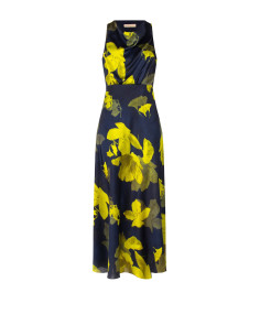 Vestido comprido fluido em cetim ligeiramente enrugado com padrão floral Rinascimento