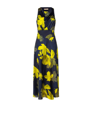 Vestido comprido fluido em cetim ligeiramente enrugado com padrão floral Rinascimento