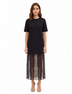 Vestido tipo T-shirt comprido em algodão com bainha em renda Rinascimento
