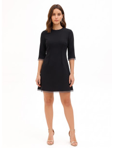 Vestido curto evasé em crepe scuba com bainhas em tule Rinascimento