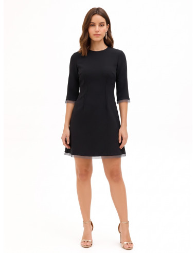 Vestido curto evasé em crepe scuba com bainhas em tule Rinascimento