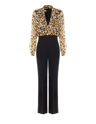 Macacão à boca de sino em crepe scuba com top em georgette com padrão de leopardo e gotas de lurex Rinascimento