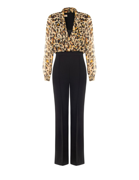 Macacão à boca de sino em crepe scuba com top em georgette com padrão de leopardo e gotas de lurex Rinascimento