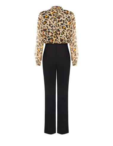 Macacão à boca de sino em crepe scuba com top em georgette com padrão de leopardo e gotas de lurex Rinascimento