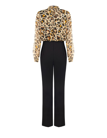 Macacão à boca de sino em crepe scuba com top em georgette com padrão de leopardo e gotas de lurex Rinascimento