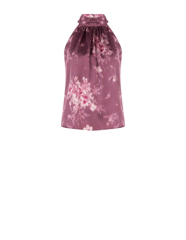 Top amplo de gola subida, em corte trapézio, de cetim com flores esfumadas Rinascimento