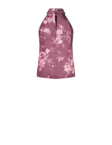 Top amplo de gola subida, em corte trapézio, de cetim com flores esfumadas Rinascimento