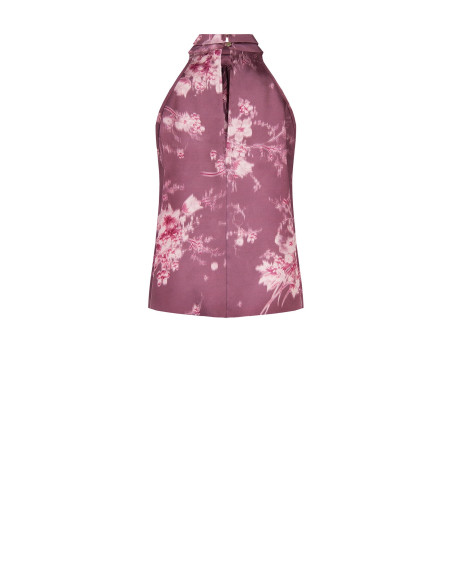 Top amplo de gola subida, em corte trapézio, de cetim com flores esfumadas Rinascimento