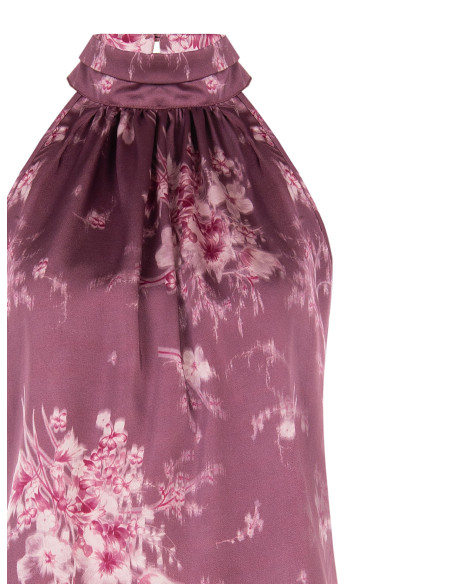 Top amplo de gola subida, em corte trapézio, de cetim com flores esfumadas Rinascimento