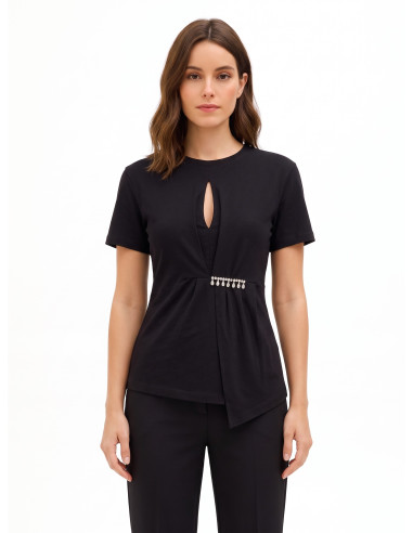 T-shirt de corte regular em algodão com folho e detalhe de joia Rinascimento
