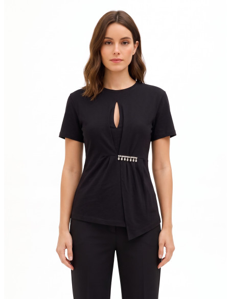 T-shirt de corte regular em algodão com folho e detalhe de joia Rinascimento