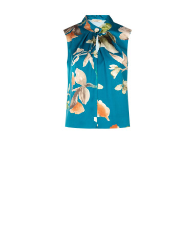 Blusa de corte trapezoidal em cetim floral com botão joia Rinascimento