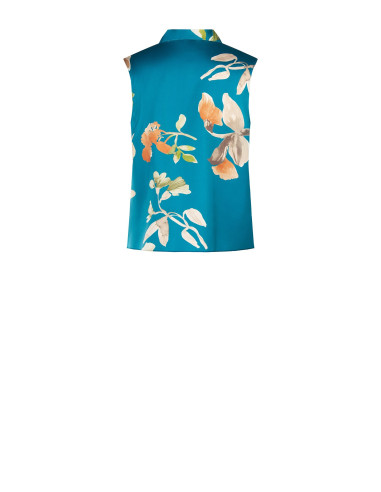 Blusa de corte trapezoidal em cetim floral com botão joia Rinascimento