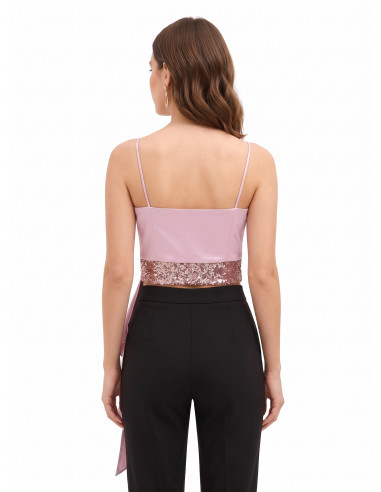 Crop top bustier em cetim e lantejoulas com folho comprido Rinascimento