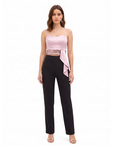 Crop top bustier em cetim e lantejoulas com folho comprido Rinascimento