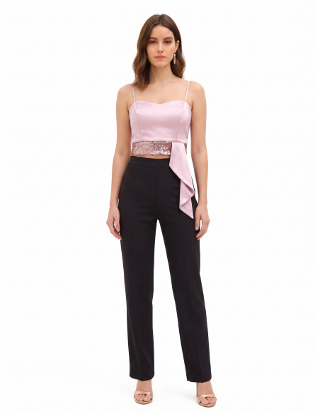 Crop top bustier em cetim e lantejoulas com folho comprido Rinascimento