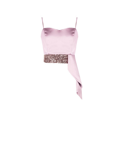 Crop top bustier em cetim e lantejoulas com folho comprido Rinascimento
