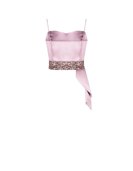 Crop top bustier em cetim e lantejoulas com folho comprido Rinascimento