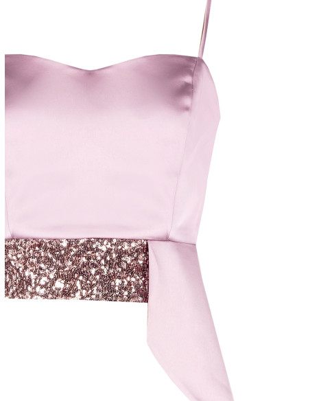 Crop top bustier em cetim e lantejoulas com folho comprido Rinascimento