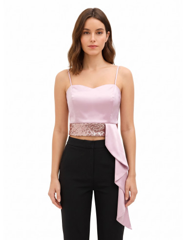 Crop top bustier em cetim e lantejoulas com folho comprido Rinascimento