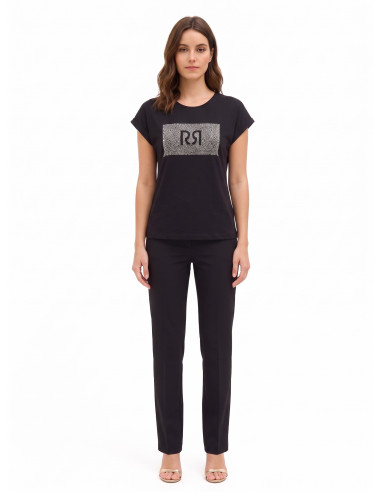 T-shirt regular de algodão com dobra nas mangas e logótipo em strass Rinascimento