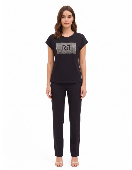 T-shirt regular de algodão com dobra nas mangas e logótipo em strass Rinascimento