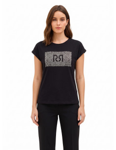 T-shirt regular de algodão com dobra nas mangas e logótipo em strass Rinascimento